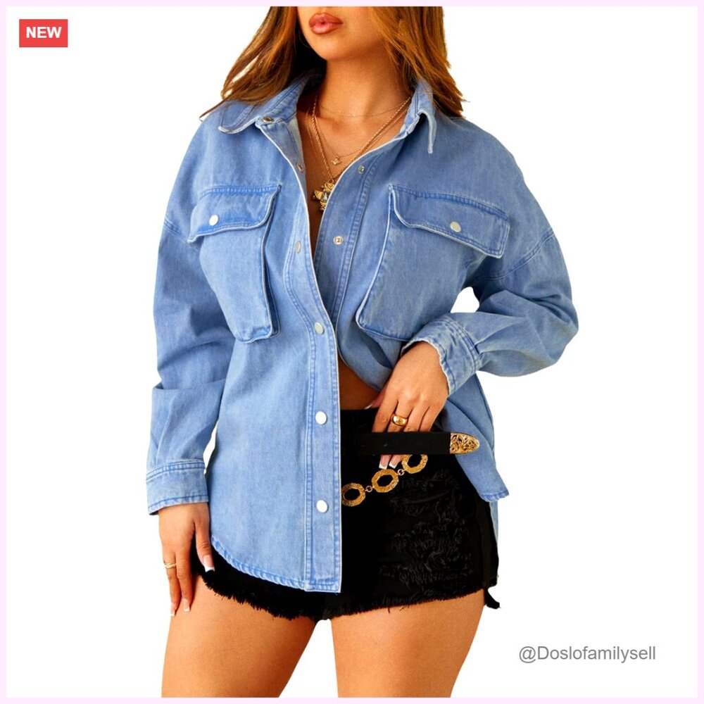 Oversized Denim Shacket, Button Front, Long Sleev… - image 1